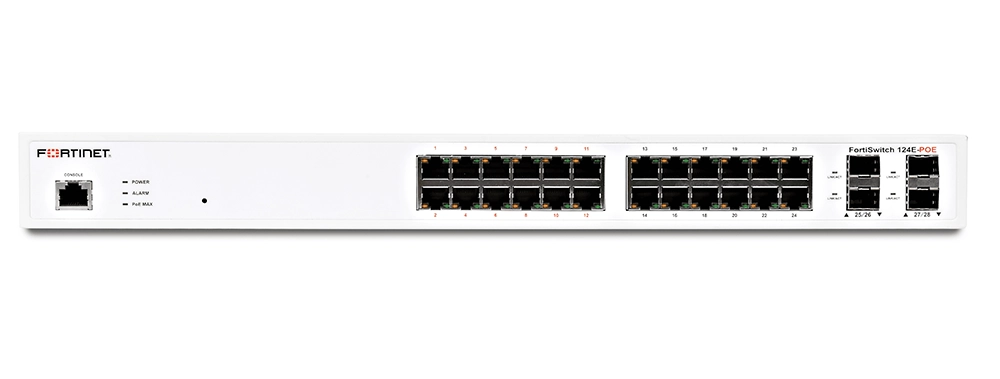 klcnetwork-fortiswitch-124f-poe-185w-power-over-ethernet-fortinet Fortinet FortiSwitch FS-124F-POE 24 Port POE Switch (L2, 24 GE RJ45 + 4 10G SFP+ ports, 12 port PoE Max. 185W) - Görsel 1